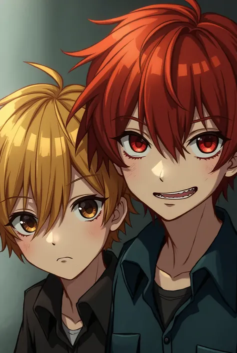 A couple of boys, one with red hair and the other blonde. One of them has messy hair that reaches his shoulders. His eyes are red and slightly misaligned, and he has a small scar above his right eye. His eyebrows are thin and his teeth are very sharp.