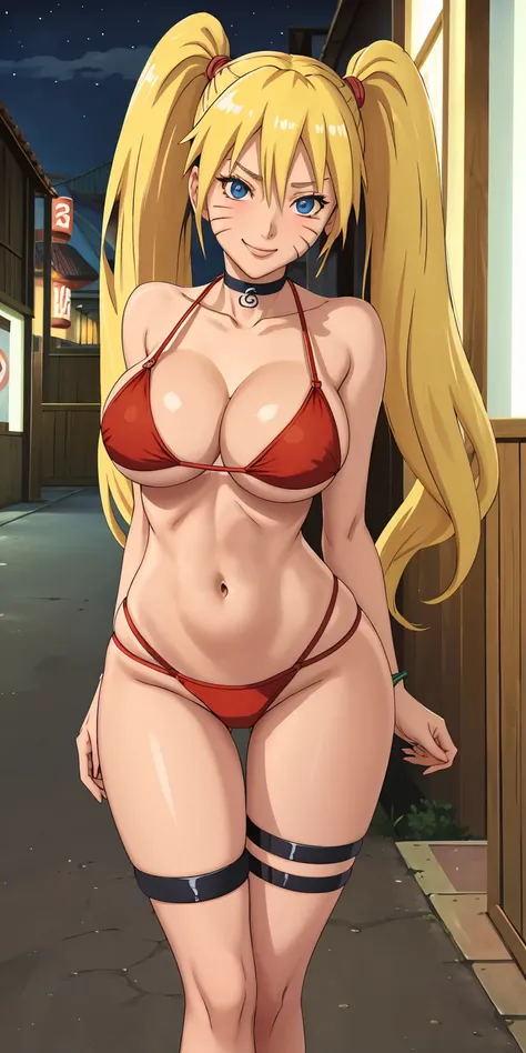 masterpiece, best quality, extremely detail 8k cg, high resolution, 1girl, solo, mature female, RedBikini_SexyJusuNaruto_Naruko_ownwaifu, 1girl, blonde hair, naruko (naruto), twintails, long hair, facial mark,  whiskers, whisker markings, blue eyes,  large...