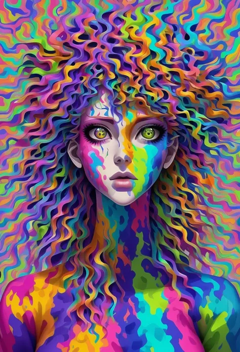 Woman, random objects popping up from womans head, strange colors, multiple colors, random colors