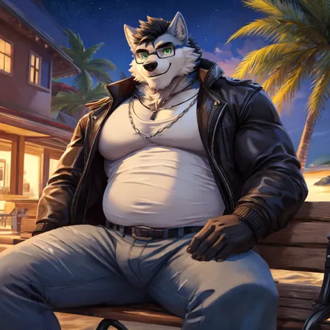 ((best quality)), ((masterpiece)), (Ultra detailed), ((4k)).

Anthro Wolf , Light Blue Fur , Black Hair Color Handsone , Good Looking , Green Eyes ,(Eyes Details), Adult Ages , Huge Pecs , finger details, Bulk Fat , Jacket sleveless , 2 layer shirt , White...