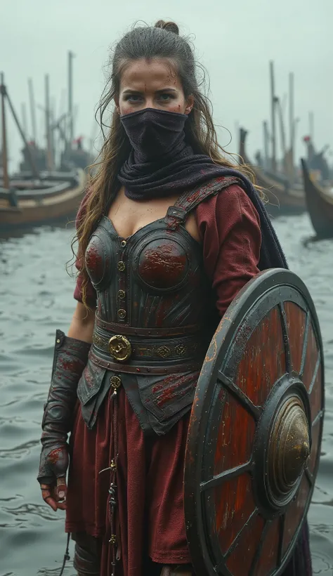 A Viking shieldmaiden noblewoman, elegance and lethality, battle-worn appearance. Her hair is styled practically but still carries the touch of nobility — long, partially braided, with loose strands cascading down to her back. The braids, interwoven with s...