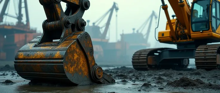 A close-up shot of a massive excavators metal arm reaching out from the shadows, its bright yellow bucket gleaming in the faint industrial lighting. The rugged machinerys textured surface reflects the dull gray concrete beneath, as if mirroring the scenes ...