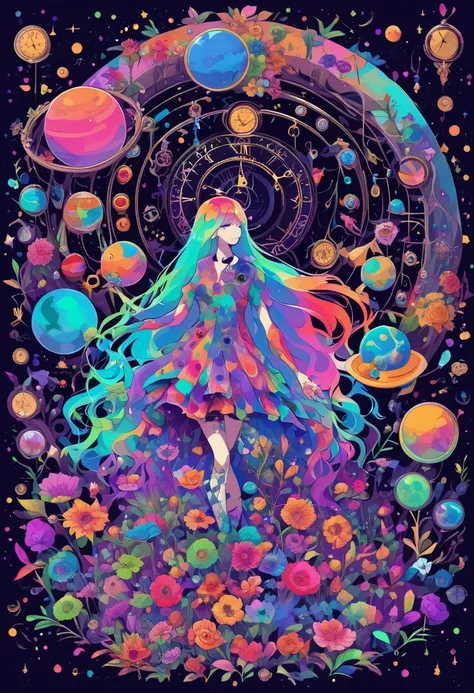 Woman, random objects like dry tree, flowers, clock, planets, floating around her, strange colors, multiple colors, random colors