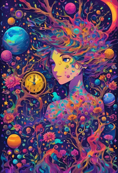 Closeup, Woman, random objects like dry tree, flowers, clock, planets, floating around her, strange colors, multiple colors, random colors