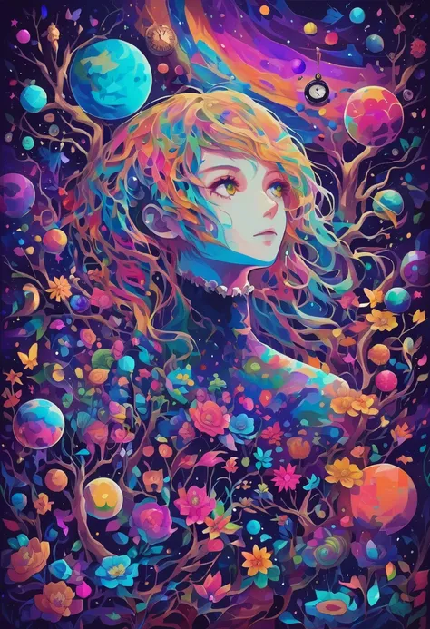 Closeup, Woman, random objects like dry tree, flowers, clock, planets, floating around her, strange colors, multiple colors, random colors