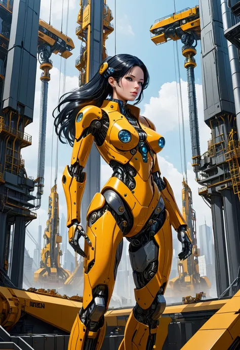 female humanoid heavy machinery  erecting columns