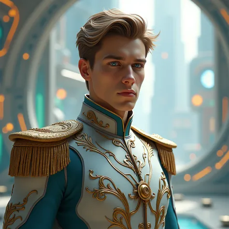 A young man with light brown hair, blue eyes, a dress of nobility ,  general from universal utopia ,  High Resolution ,  Anatomically correct, Very detailed, HD model, real image.