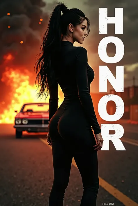 big large breasts, black pony-tail hair, black suit,  with a car exploding in the background, Poster for a mafia film, titled “Honor” in large white letters,