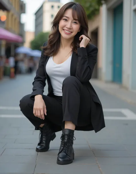 a young east-asian woman,action photography ,crouching,smiling,looking forward,realism  smiling