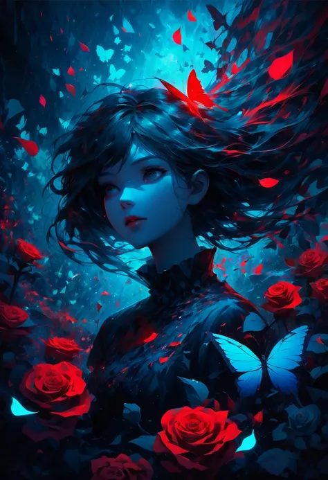 solo focus, sfw, ((portrait of a girl)), upper body, abstract art, surreal, touching a butterfly, floating hair, butterflies, glowing scenery, (falling petals, rose petals:1.2), blue theme, crimson theme, (aquamarine theme:1.2), (dark contrast:1.3), color ...