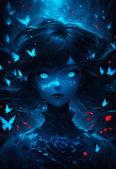 solo focus, sfw, ((portrait of a girl)), upper body, abstract art, surreal, touching a butterfly, floating hair, butterflies, glowing scenery, (falling petals, rose petals:1.2), blue theme, crimson theme, (aquamarine theme:1.2), (dark contrast:1.3), color ...