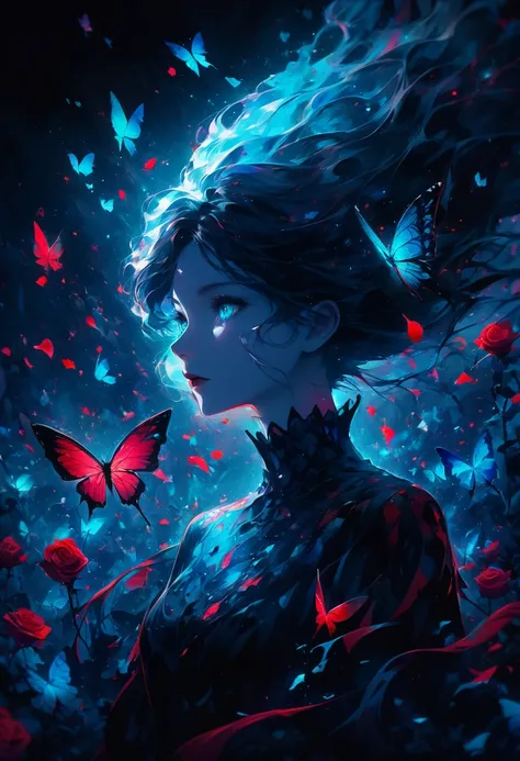 solo focus, sfw, ((portrait of a girl)), upper body, abstract art, surreal, touching a butterfly, floating hair, butterflies, glowing scenery, (falling petals, rose petals:1.2), blue theme, crimson theme, (aquamarine theme:1.2), (dark contrast:1.3), color ...