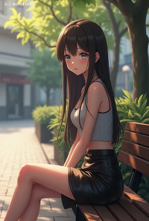 Anime girl, sitting on the bench, with leather skirt