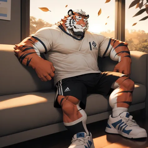 hairy，tiger，Black frame glasses，White short sleeve ，Roll up your sleeves，Sports shorts，White socks，Sneakers，Whitebeard，There are scars on the face ，(red fur:1.3)，male，Common，Full body photo，Dynamic poses，In research，Sitting on a single sofa，Sitting，Smile，S...