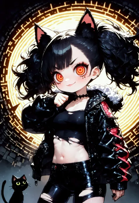 solo,1girl\(cute, kawaii, age of 12,(evil smile:1.2),(black hair:1),(long hair),(twin tails hair),pale skin, skin color blue, red eyes, eyes shining, (big eyes),(breast:1.4),(punk fashion:1.6),(ripped clothes:1.5),(tight tube top),(tight hot pants),(stomach shown:0.8),(abs:0.8),(ripped black short jacket:1.4),(fluffy black cat-ear:1.4),(dynamic pose:1.4), (spiral eye:1.4)\)),(bang:1.2)\), BREAK ,background\(outside, noisy city, backstreet, narrow street, neon lights, at night\), BREAK ,quality\(8k,wallpaper of extremely detailed CG unit, high resolution, top-quality, top-quality real texture skin, hyper realistic, increase the resolution, RAW photos, best quality, highly detailed, the wallpaper,golden ratio,high saturation realism, vibrant colors, dramatic lighting, persuasive storytelling, atmospheric scenery, captivating visuals, intricate details, strong emotions,dreamlike world\),(close up:1.0),(dynamic angle:1.2)