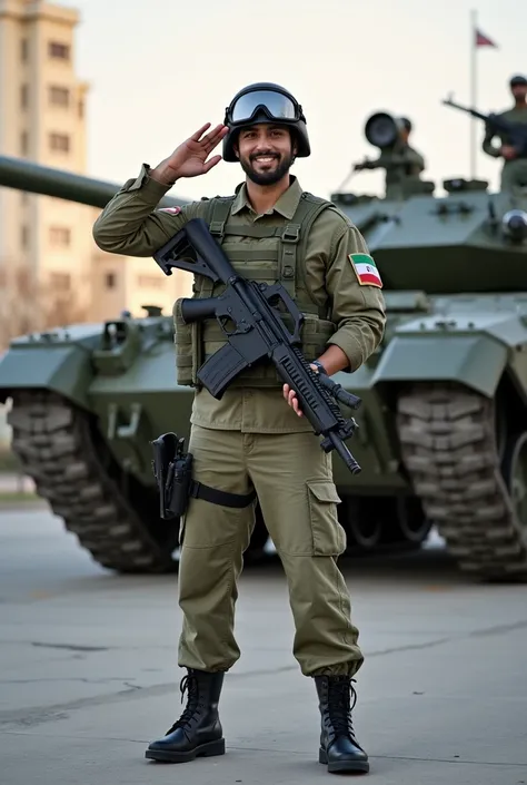 A Confident Male Iranian Army Soldier Full Body in his 20s happy standing smiling and posing in a Iranian Army Base in Downtown Tehran, Iran wearing a Iranian army helmet with Iranian army goggles with a Iranian army fatigue top with a small Iranian Flag A...