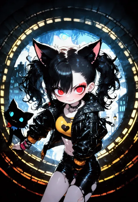 solo,1girl(cute, kawaii, age of 12,(evil smile:1.2),(black hair:1),(long hair),(twin tails hair),pale skin, skin color blue, red eyes, eyes shining, (big eyes),(breast:1.4),(punk fashion:1.6),(ripped clothes:1.5),(tight tube top),(tight hot pants),(stomach...