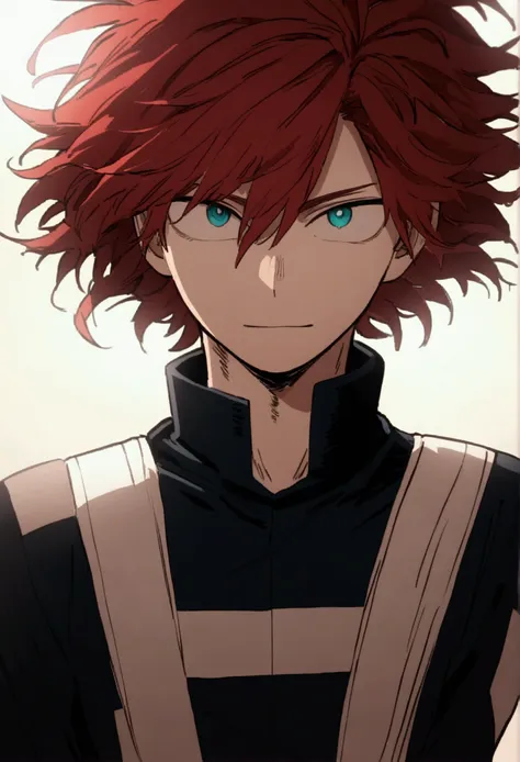  He is a 21 year old adult , has red hair, slightly disheveled...., turquoise eyes something ,  He is dressed in the anime uniform "my hero academia",  Happy and Confident Face, 8K, High quality,  masterpiece, high lighting, anime effect MHA , bright color...