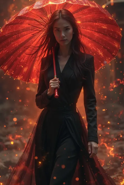 arafed woman in a black and red outfit is holding a red umbrella, iu lee ji-eun as a super villain, hanfu, goth ninja, inspired by Kanō Hōgai, still from a live action movie, mystic ninja, imogen poots as a holy warrior, park shin hye as a super villain, i...