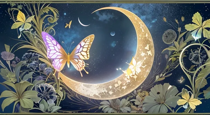 A glowing golden butterfly rests delicately on a silver crescent moon, illuminated by soft blue moonlight, against a serene azure sky, capturing a tranquil, magical atmosphere in ethereal digital art.