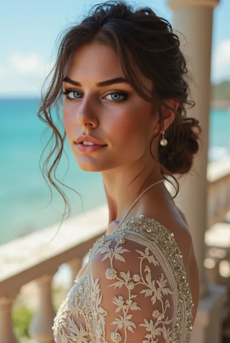  Beautiful 16-year-old English girl ,  upper body , Extremely detailed face, makeup, mesmerizing eyes,  Delicious Lips , cute hair,  perfectly shaped eyebrows, defined cheekbones, Intricate dresses, seaside terrace 