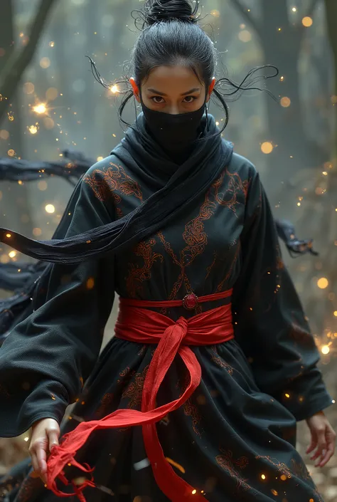 This character embodies a striking blend of elegance and lethality. She wears an intricate, black robe with flowing, embroidered patterns, giving her attire a dignified, noble air. A bright red sash is tied neatly around her waist, creating a striking cont...