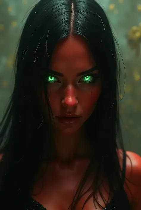 A woman with red skin,and face red Latin features, long black syraight hair with a streak of pure gold and long phosphorescent green almond eyes with black sclerptic in a realistic dark fantasy villain 