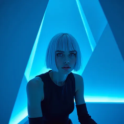  a woman, (Cara Delevigne:1.05) silver hair in a blue geometric chamber, detailed shading, high resolution, cinematic lighting.