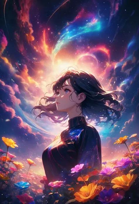 Girl standing in the clouds staring up as the stars, stars floating around her, brilliant colors, amazing swirls of cosmic dust, colorful vibrant, light particles, glowing, Surrounded by vintage flower motifs, Vibrant brushstrokes,Emotions should be dynami...