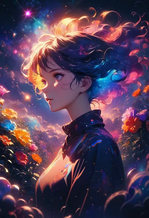 Girl standing in the clouds staring up as the stars, stars floating around her, brilliant colors, amazing swirls of cosmic dust, colorful vibrant, light particles, glowing, Surrounded by vintage flower motifs, Vibrant brushstrokes,Emotions should be dynami...