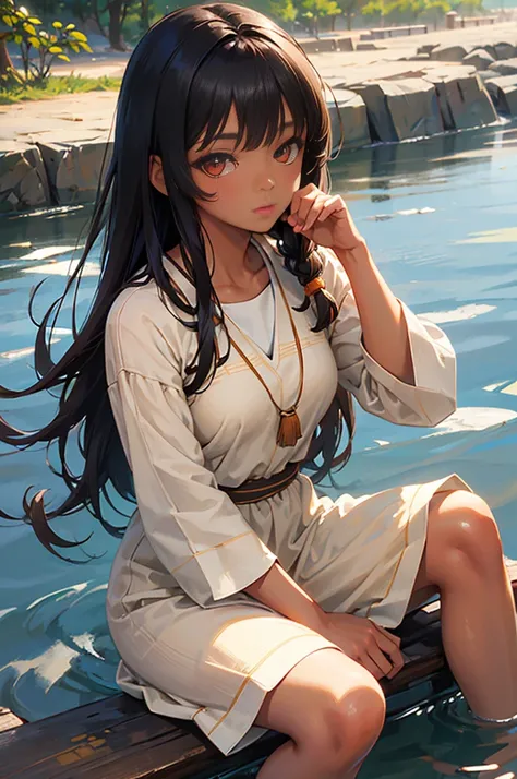  anime character Brazilian indigenous woman, beige dress, Brown Skin, Long hair with bangs, Sitting by the river, masterpiece, Best Quality, Detailed skin, Detailed eyes, Orange Eyes,8k, Good shading, Beautiful brushwork ,   DETAIL BACKGROUND  , good anato...