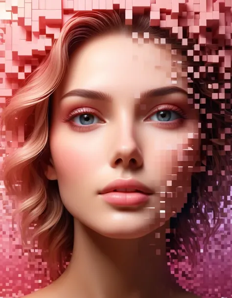  A pixel wall dissolved in a pink gradient of a beautiful womans face; The head， 3D Voxel Blocks ，partially hollow .  A structure that begins intact ,  but gradually disintegrates in air .， Sunlight enters through ，Holographic universe space background Fac...