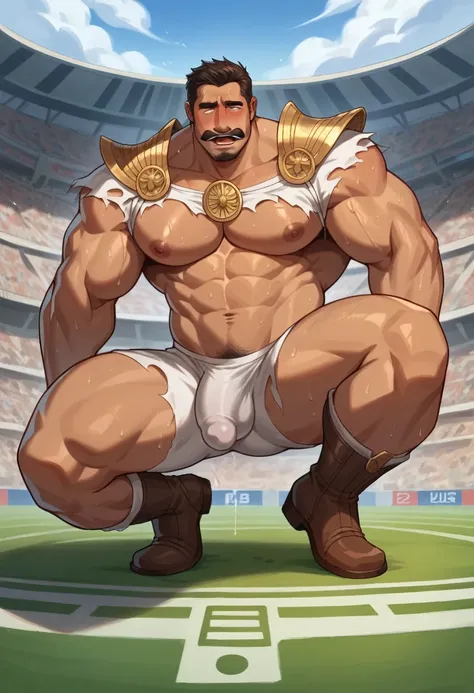 score_9, score_8_up, score_7_up, solo, male focus, Bulk male, Human , tan skin , ashamed face ，orgasm face , tongue out , moustache , beard, Face away from the perspective , shoulder armor , nipples , coliseum , day , nipples rings , (( massive damaged tra...