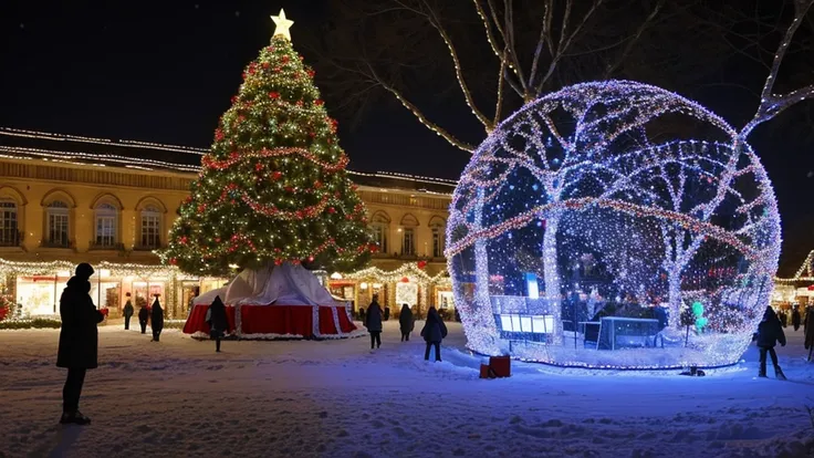 The Christmas tree on the square is large and distant, garland, Lights, Disco Ball, Bright colors, Evening, snowing, winter, Evening, snowingопад, Reality, holiday, vibe,