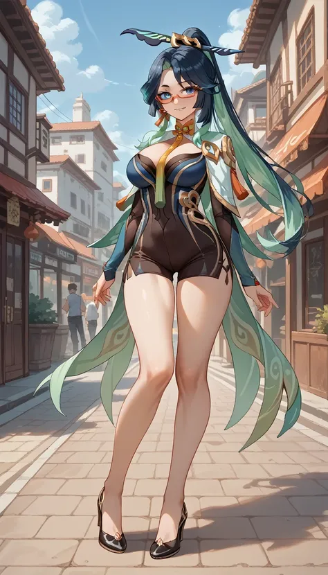 1girl, Xianyun, genshin impact, ((masterpiece)), (best quality), (highres), blue eyes, 16K, long hair, ponytail hairstyle, wearing glasses, wearing military uniform, bootyshorts, high heels,, busty body, large breasts and a beautiful ass, showcasing cleavage, legs, hips, looking at viewer, smiling, detailed face, detailed hair, detailed full body, street background