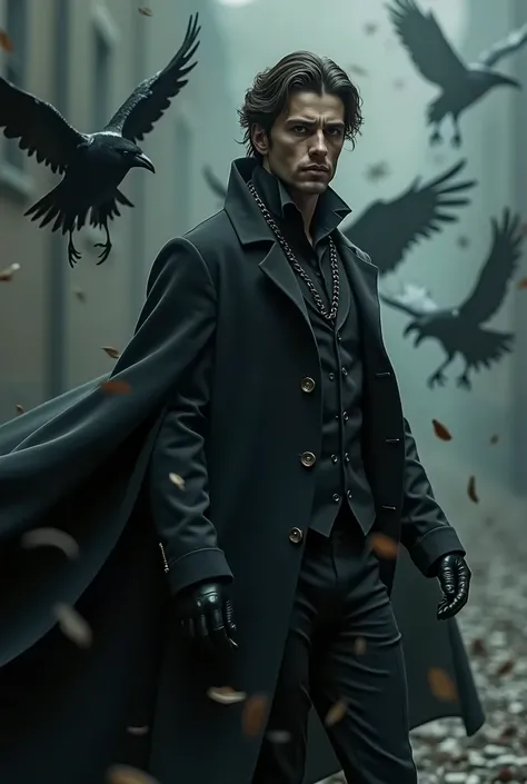 a dynamic photographic rendering of a handsome yet spooky man he is wearing 19th century clothing with his cloak turningg  into ravens  as the wind blows strongly from the left, debris, a dynamic pose, intricately detailed masterpiece, raw photography, dar...