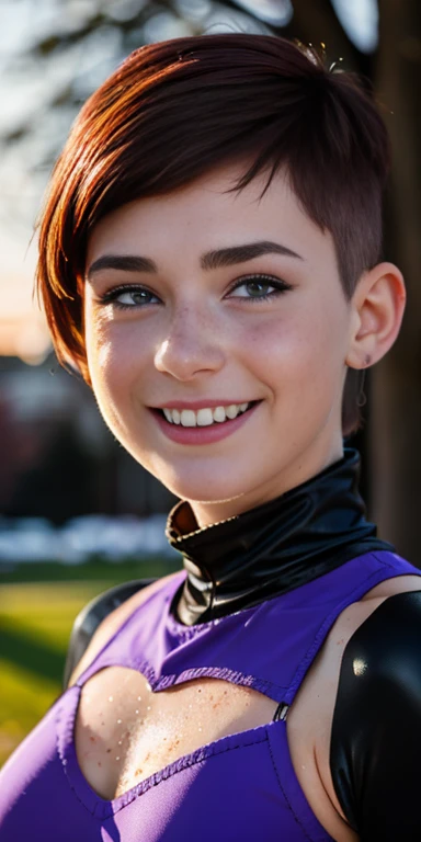 Photo of a  European girl, .raw, beautiful woman,freckles on cheeks and chest ,beautiful blue eyes(Light Brown Pixie Haircut),Pixie haircut ((portrait)), ((DETAILED face:1.2)), ((Detailed facial features)), (finely DETAILED skin), long boots with heels ,Cu...