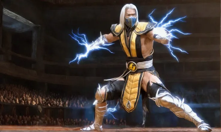 (video game) lightning dances on the arena floor as Lord Raiden (of Mortal Kombat fame) enters the field of battle