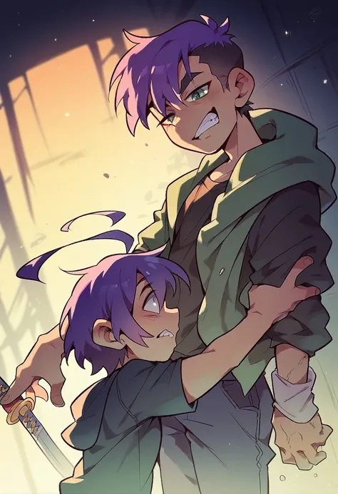 A boy,  with purple hair with green tips and one eye red and the other green, with a katana wearing a hood ,