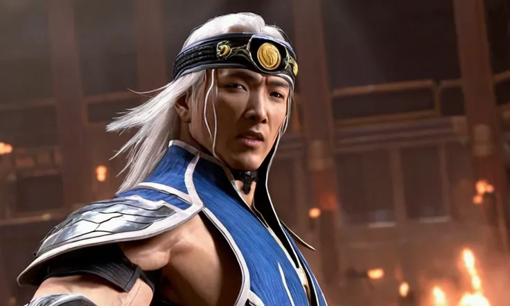 (video game) lightning dances on the arena floor as Lord Raiden (of Mortal Kombat fame) enters the field of battle. vies is from low. Show all of him
