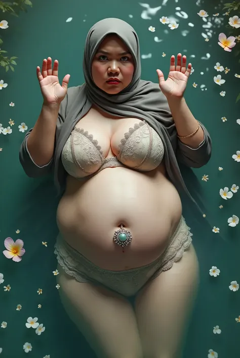 😡 Indonesian hijab big fat aunty (wear huge size bra) and (gambar lace transparent panty) in water,hands straight up. (Photorealistic:111), look from the front while glaring cynically, no any rope! (Very wide ass) can you look at the face a little?? Muka b...