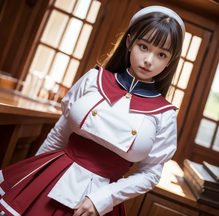 8K quality, Masterpiece, Best Quality, Bright natural light without shadows, 1solo teen with small waists and large breasts., (She wears a traditional uniform with a deep crimson sailor collar without any gaps.), (Her breasts are so big that they&#39;restr...