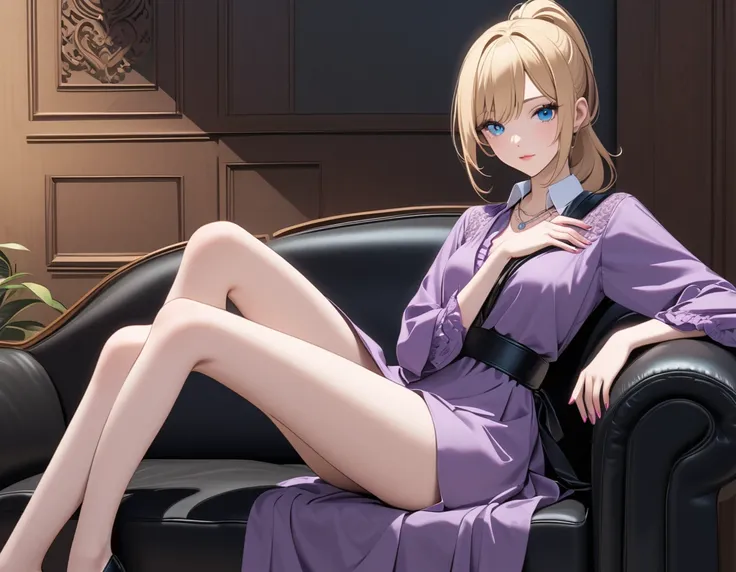 An animated image of a woman in a purple blouse with a white collar and a necklace around her neck. She is sitting on a black leather couch with her legs crossed. Her left hand is resting on her lap and her right hand is crossed over her chest. Her blonde ...