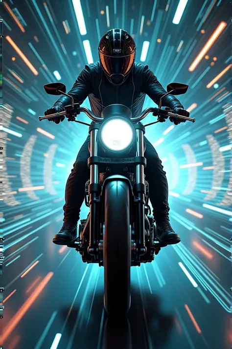  Exquisitely realistic image of a motorcyclist traveling at full speed at the controls of a Harley Davidson Fat Boy inside a data cable, avoiding the photons of data that travel across the network .