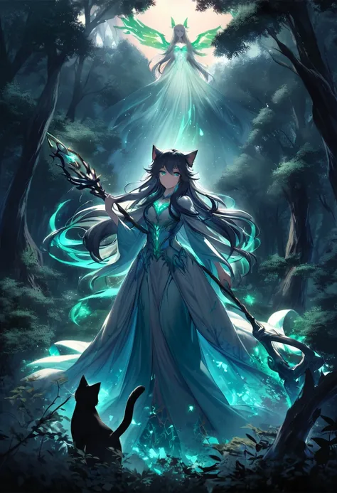 Create an image of a mystical forest at twilight, where a powerful sorceress rides a giant, majestic cat. The woman is clad in flowing robes, with long, flowing hair and eyes like twin moons, holding a staff etched with glowing runes. The giant cat has fur...