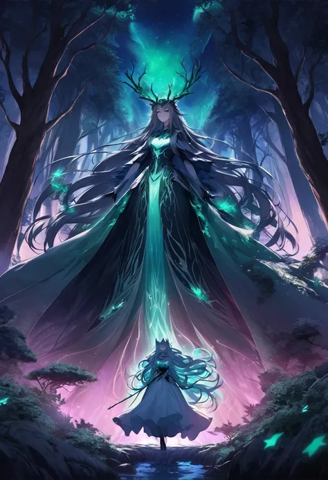 Create an image of a mystical forest at twilight, where a powerful sorceress rides a giant, majestic cat. The woman is clad in flowing robes, with long, flowing hair and eyes like twin moons, holding a staff etched with glowing runes. The giant cat has fur...