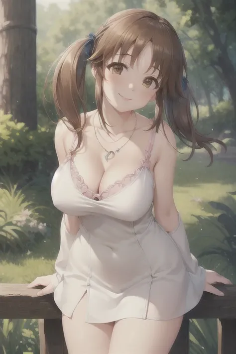 (masterpiece, Best Quality:1.2),  cowboy shot, Alone, One girl, totoki airi, smile,  Tilt your head, Arms behind back,  twin tails,  Thigh length, jewelry, Heart Necklace、Big Breasts,Cleavage Emphasis,Cleavage exposure,White dress