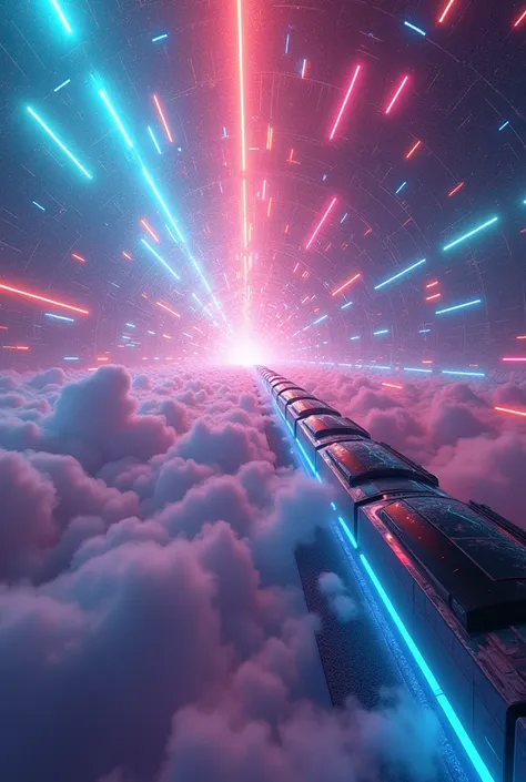 conceptual installation art with bright and colorful random colors, futuristic iridescent-plated trains that run above the clouds, various effects, BREAK background galaxy, neon-colored cosmic ray, shattering the space around her like broken iridescent gla...