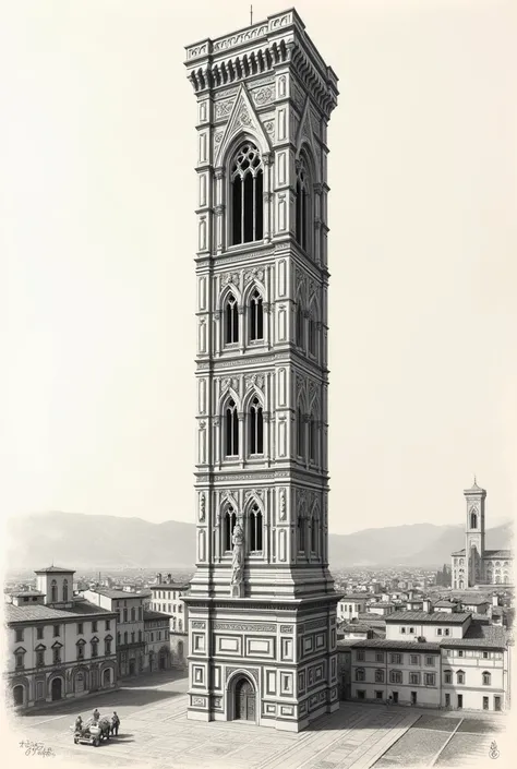 create high-quality architectural drawing of Giottos bell tower in Florence