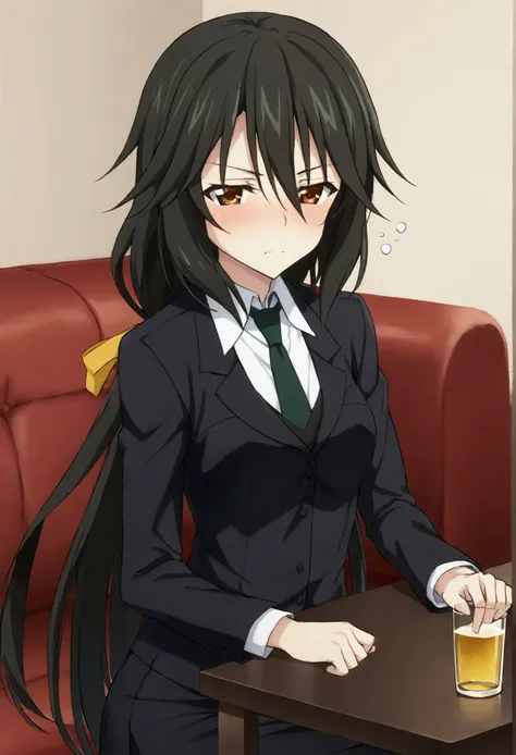 NSFW,masterpiece,Best Quality,High resolution,Very detailed,Chifuyu Orimaru(Infinite Stratos),Long Hair、bangs、Black Hair、Hair between the eyes、 Brown Eyes ,shirt、Long sleeve、jacket、白いshirt、tie、黒のjacket、suit、黒のtie、 pencil skirt,Western-style room,Sofa,Low t...